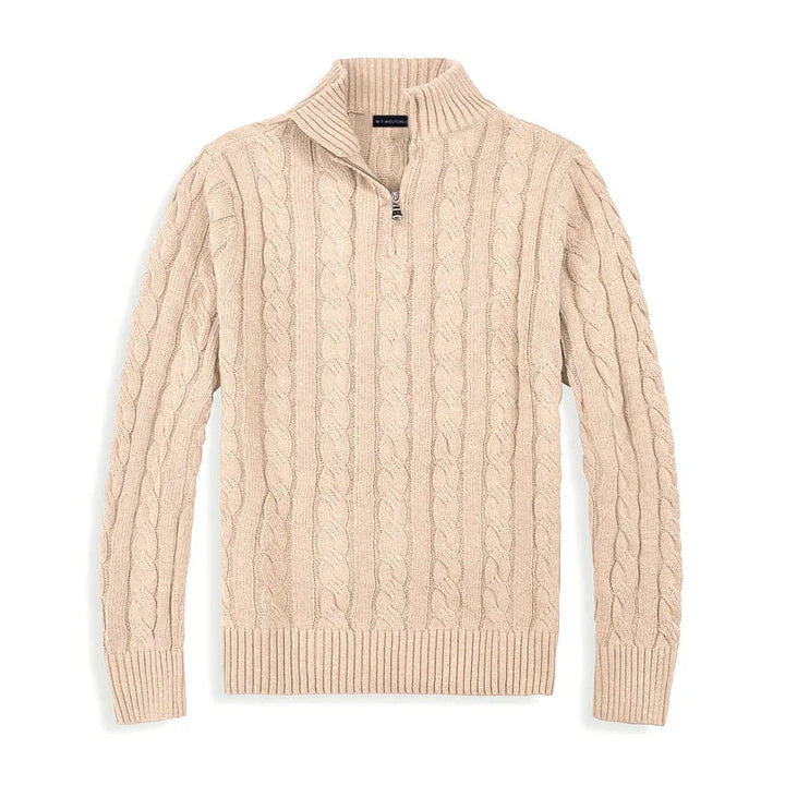 Beige men's half-zip cotton sweater with high collar, front view. Features ribbed edges and luxurious soft fabric.