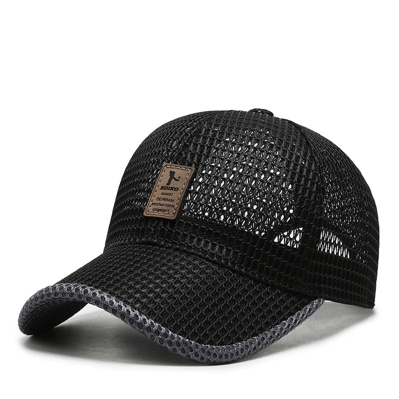 Blue breathable mesh adjustable baseball cap, top view, showcasing lightweight construction for men's outdoor comfort.