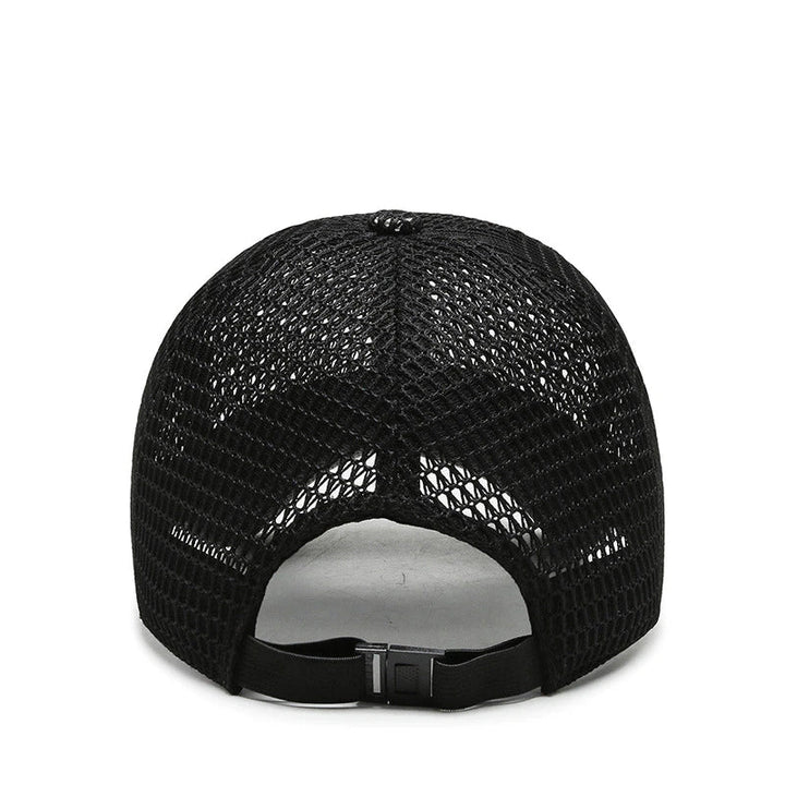Blue breathable mesh adjustable baseball cap, top view, showcasing lightweight construction for men's outdoor comfort.
