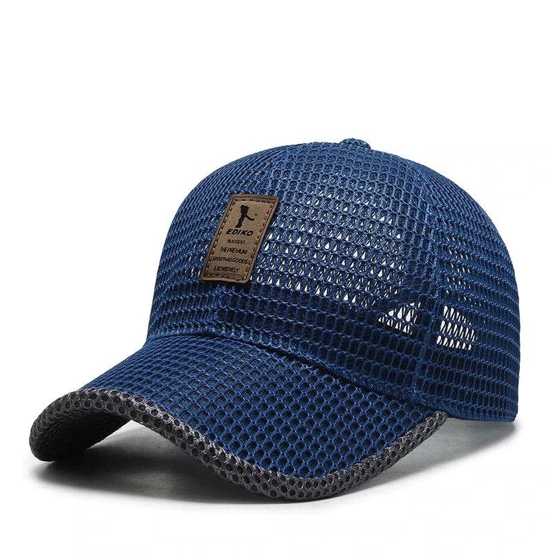 Blue breathable mesh adjustable baseball cap, top view, showcasing lightweight construction for men's outdoor comfort.