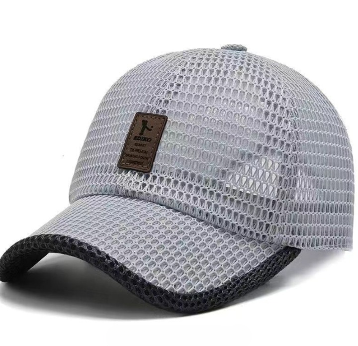Blue breathable mesh adjustable baseball cap, top view, showcasing lightweight construction for men's outdoor comfort.