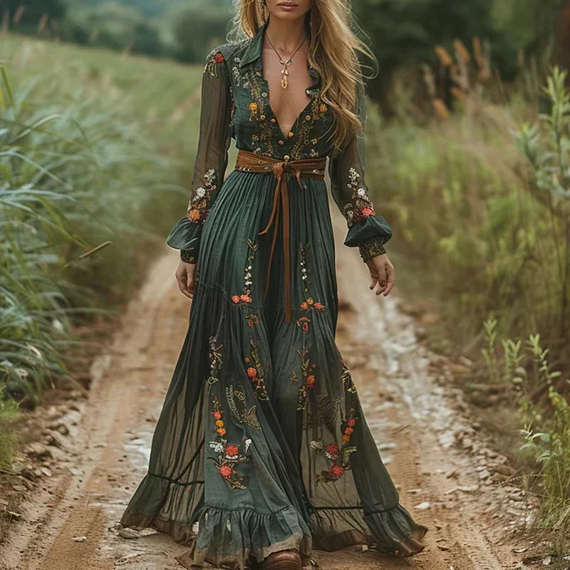 Boho long sleeve floral maxi dress with tiered skirt, featuring vibrant floral print; women's flowing fit for multiple occasi