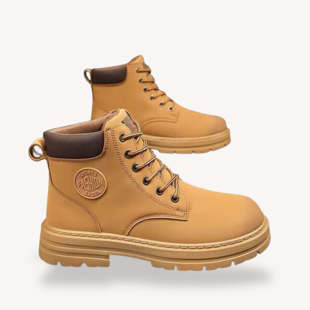 "Brown men's durable leather boots with cushioned insole, rugged sole, lace-up closure, and sleek design; ideal for outdoor u