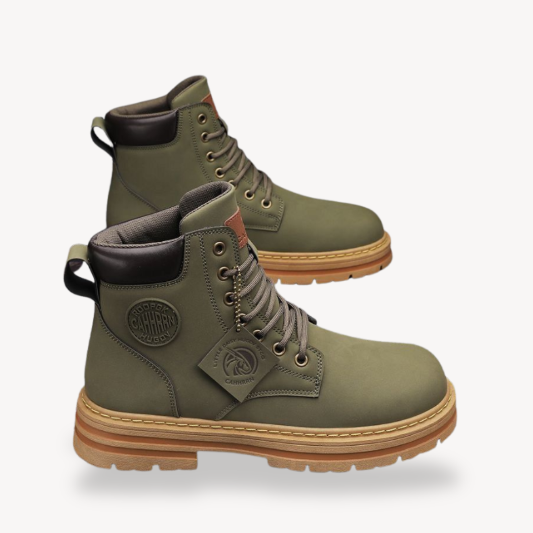 "Brown men's durable leather boots with cushioned insole, rugged sole, lace-up closure, and sleek design; ideal for outdoor u