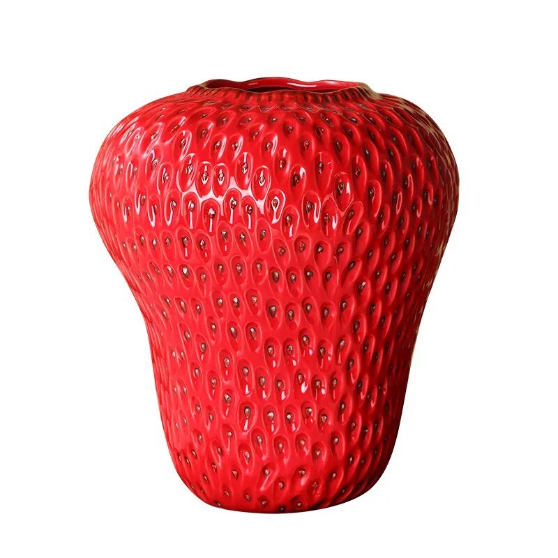 Cartoon strawberry ceramic vase with vibrant colors for kids' room decor, whimsical design ideal for flower arrangement.