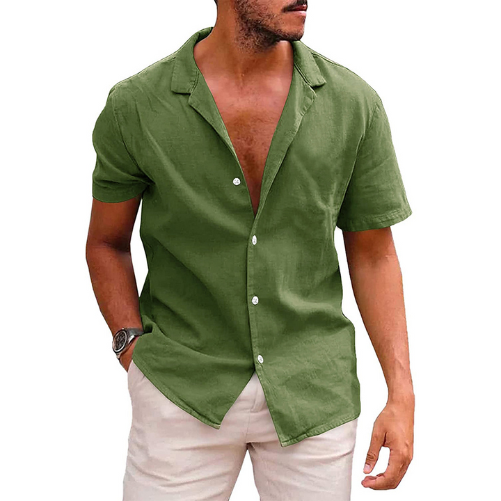 "Casual men's short-sleeve button-down shirt with a relaxed fit and open collar in light blue, perfect for summer comfort."