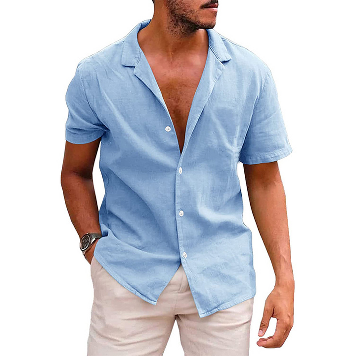 "Casual men's short-sleeve button-down shirt with a relaxed fit and open collar in light blue, perfect for summer comfort."