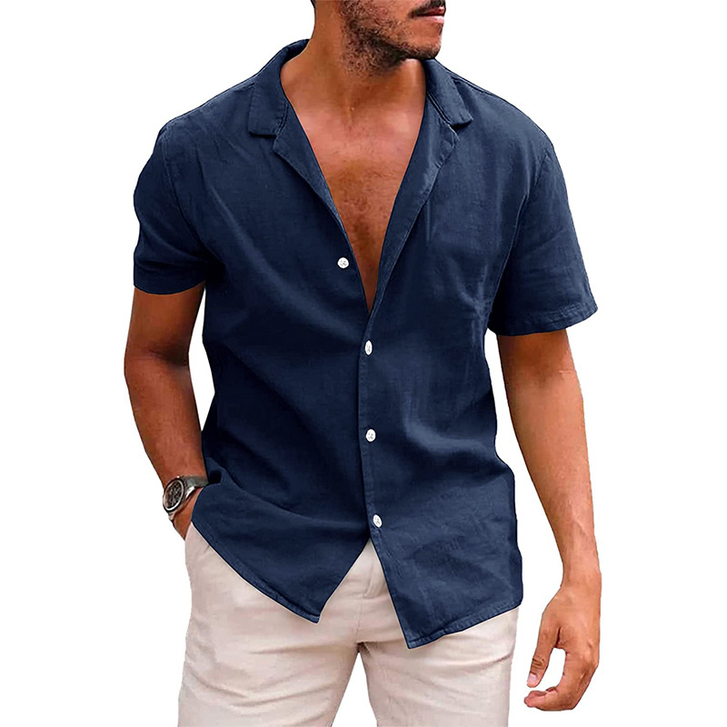"Casual men's short-sleeve button-down shirt with a relaxed fit and open collar in light blue, perfect for summer comfort."