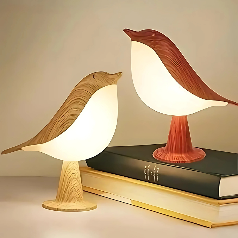 "Chic bird-shaped lamp with wooden optic finish, adjustable lighting, and diffuser for stylish home decoration."