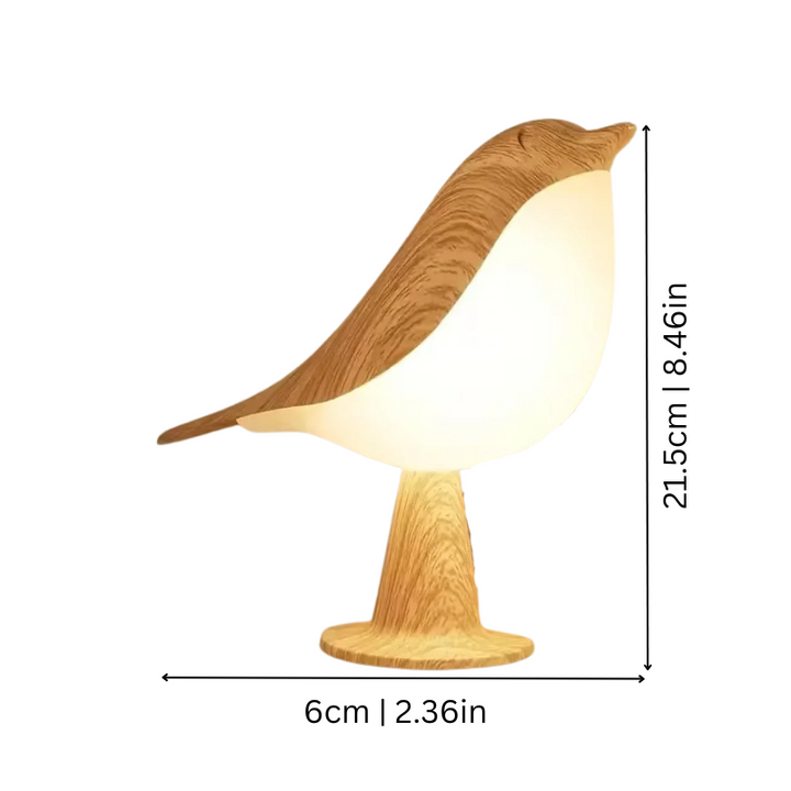 "Chic bird-shaped lamp with wooden optic finish, adjustable lighting, and diffuser for stylish home decoration."