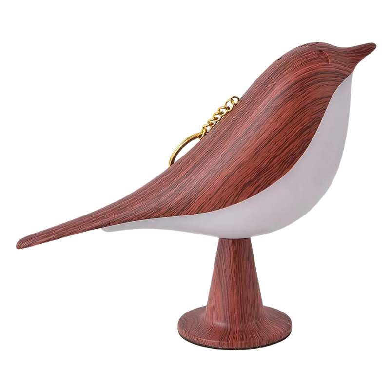 "Chic bird-shaped lamp with wooden optic finish, adjustable lighting, and diffuser for stylish home decoration."
