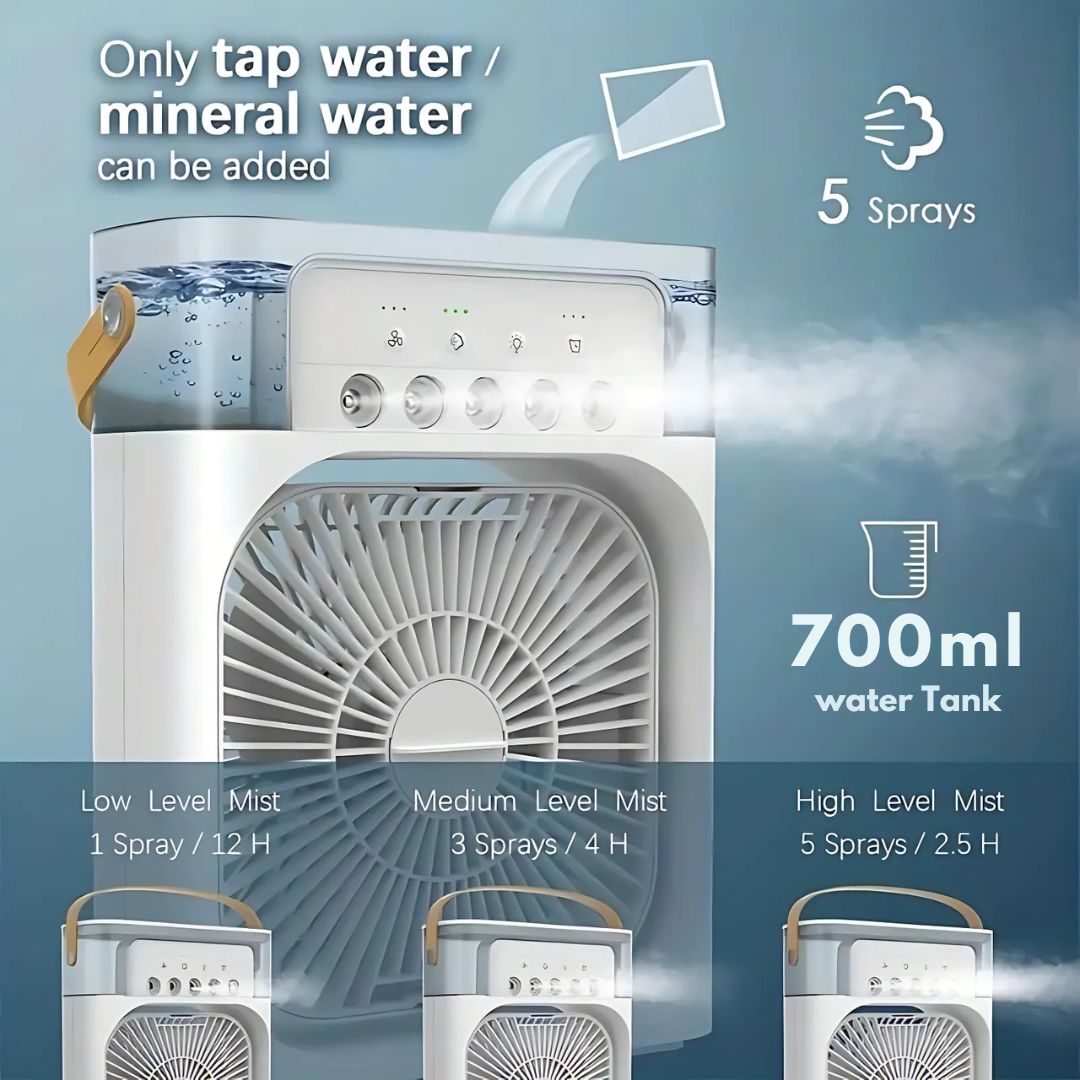 "Compact 3-in-1 portable air cooler humidifier, sleek design, adjustable fan speeds, ideal for small spaces, home or office u