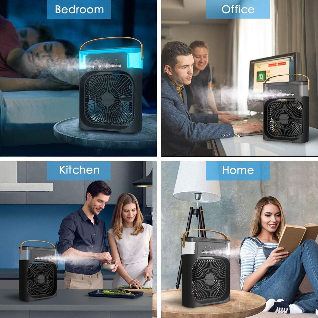 "Compact 3-in-1 portable air cooler humidifier, sleek design, adjustable fan speeds, ideal for small spaces, home or office u