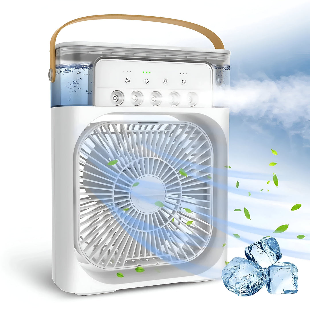 "Compact 3-in-1 portable air cooler humidifier, sleek design, adjustable fan speeds, ideal for small spaces, home or office u