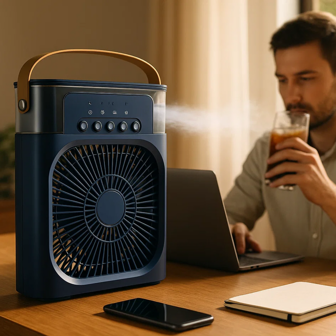 "Compact 3-in-1 portable air cooler humidifier, sleek design, adjustable fan speeds, ideal for small spaces, home or office u