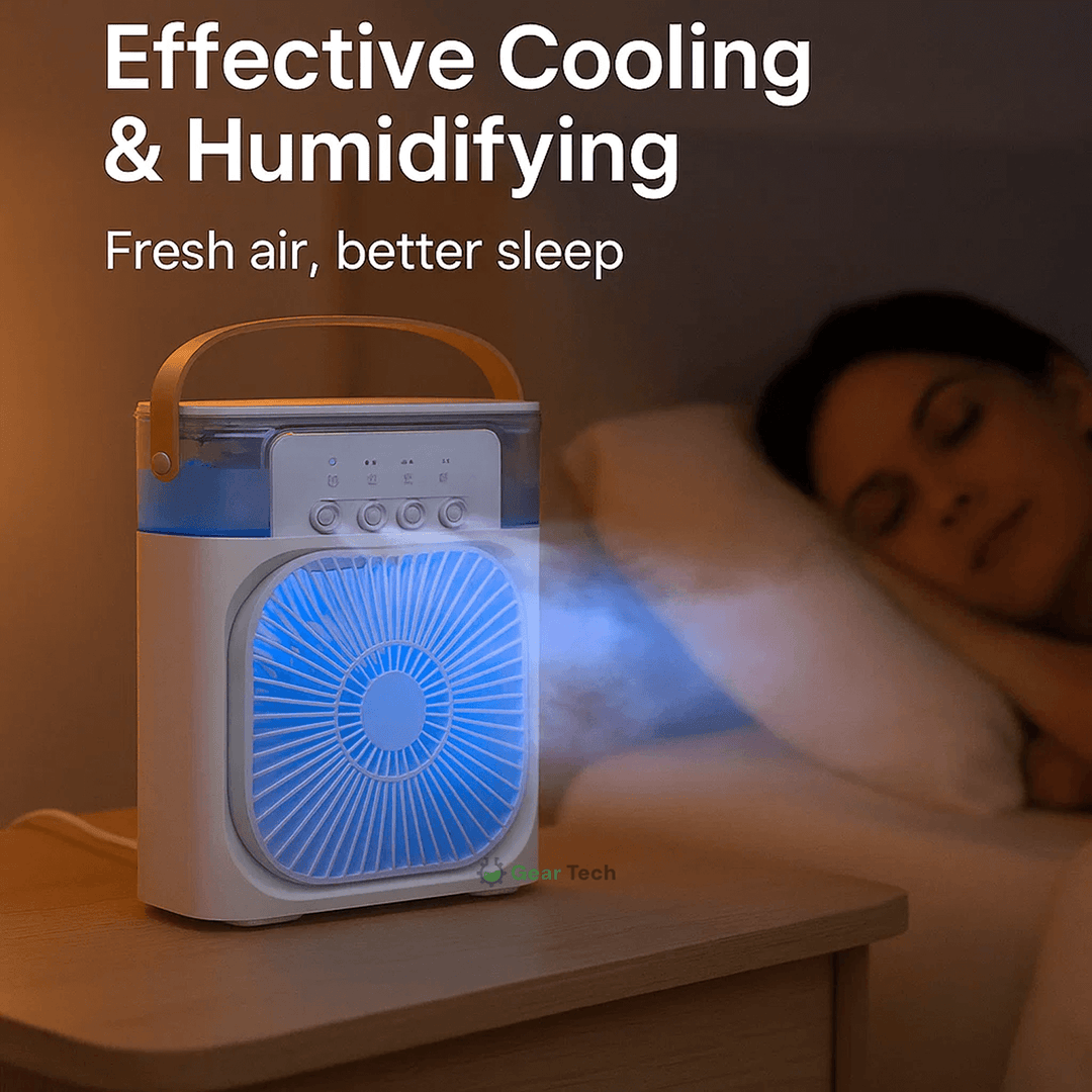 "Compact 3-in-1 portable air cooler humidifier, sleek design, adjustable fan speeds, ideal for small spaces, home or office u