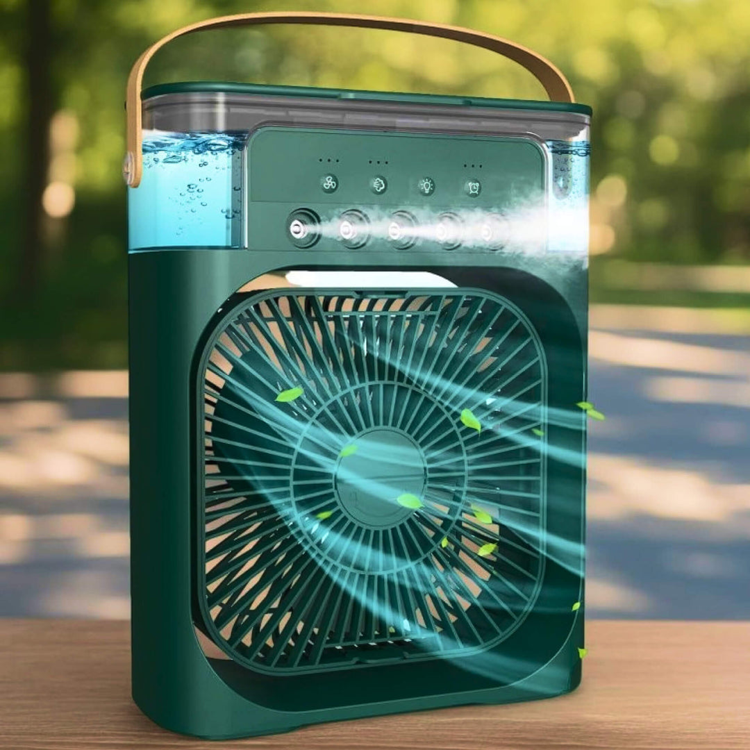 "Compact 3-in-1 portable air cooler humidifier, sleek design, adjustable fan speeds, ideal for small spaces, home or office u