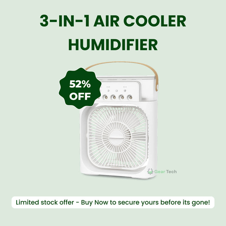 "Compact 3-in-1 portable air cooler humidifier, sleek design, adjustable fan speeds, ideal for small spaces, home or office u