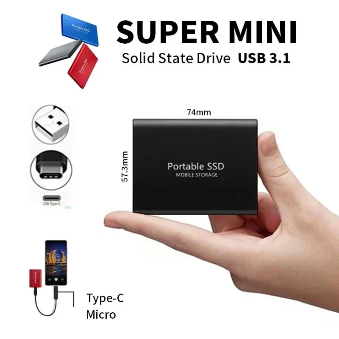 "Compact black portable SSD for fast data transfer, 1-4 TB, USB-C connectivity, sleek design, durable for on-the-go use."