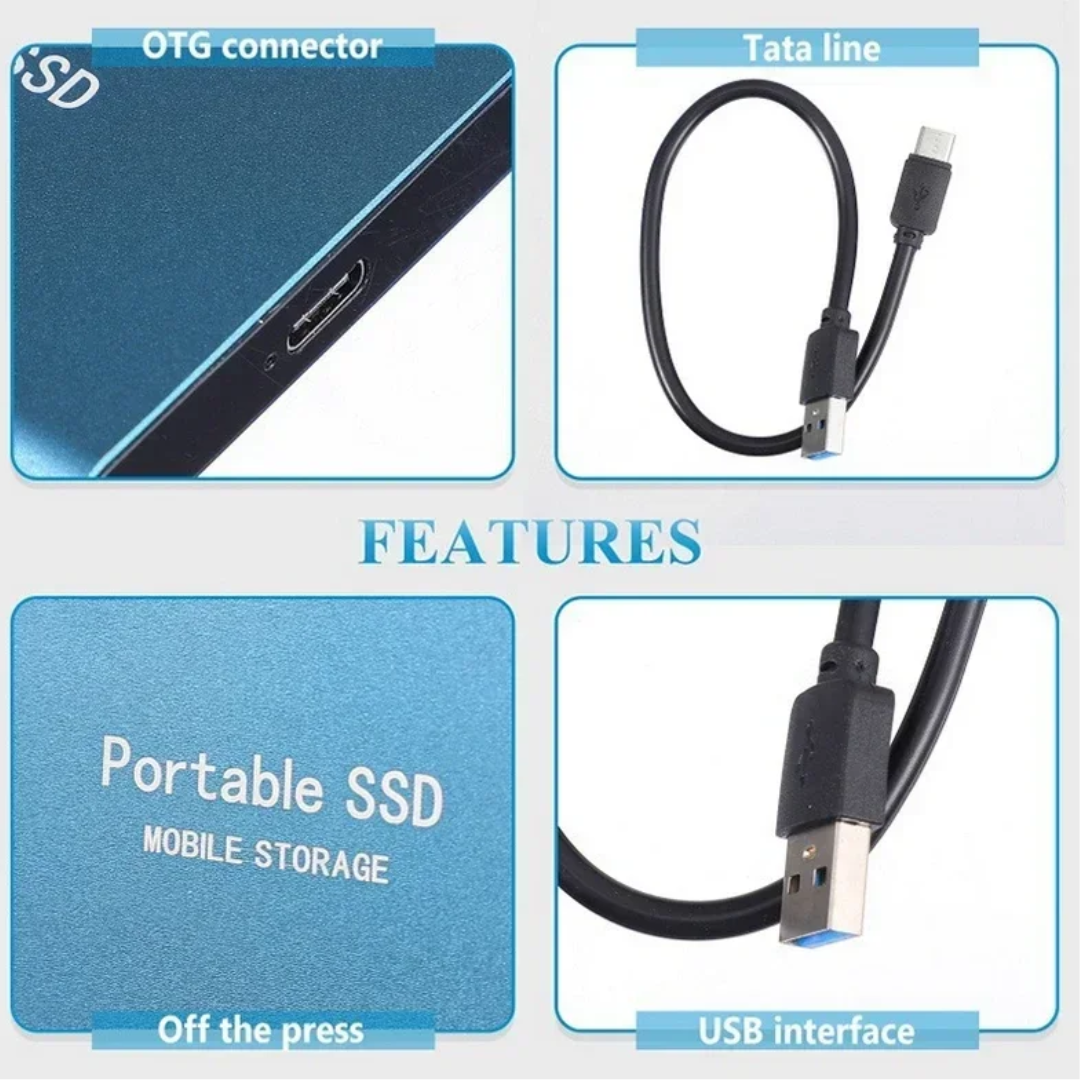 "Compact black portable SSD for fast data transfer, 1-4 TB, USB-C connectivity, sleek design, durable for on-the-go use."