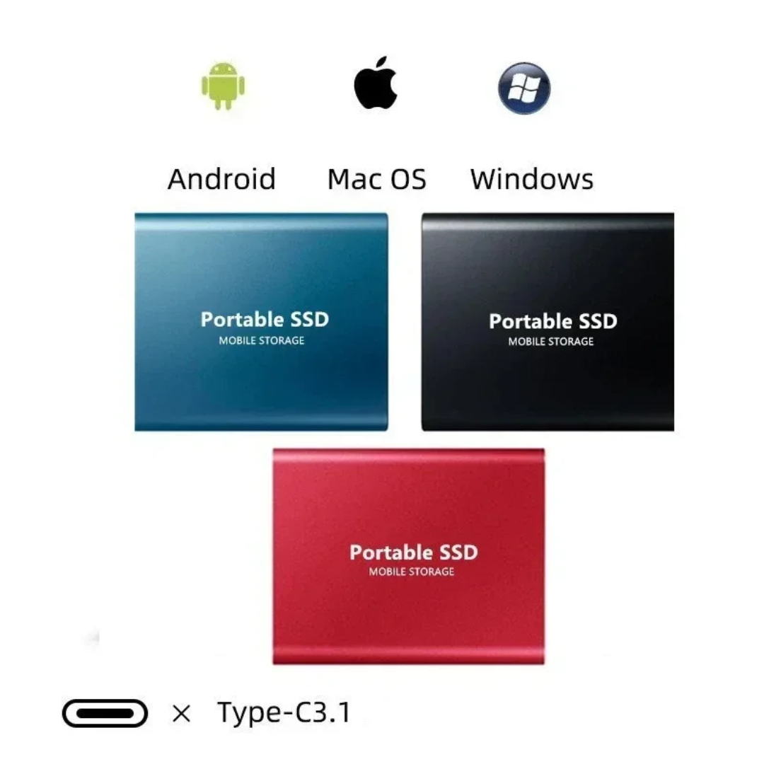 "Compact black portable SSD for fast data transfer, 1-4 TB, USB-C connectivity, sleek design, durable for on-the-go use."