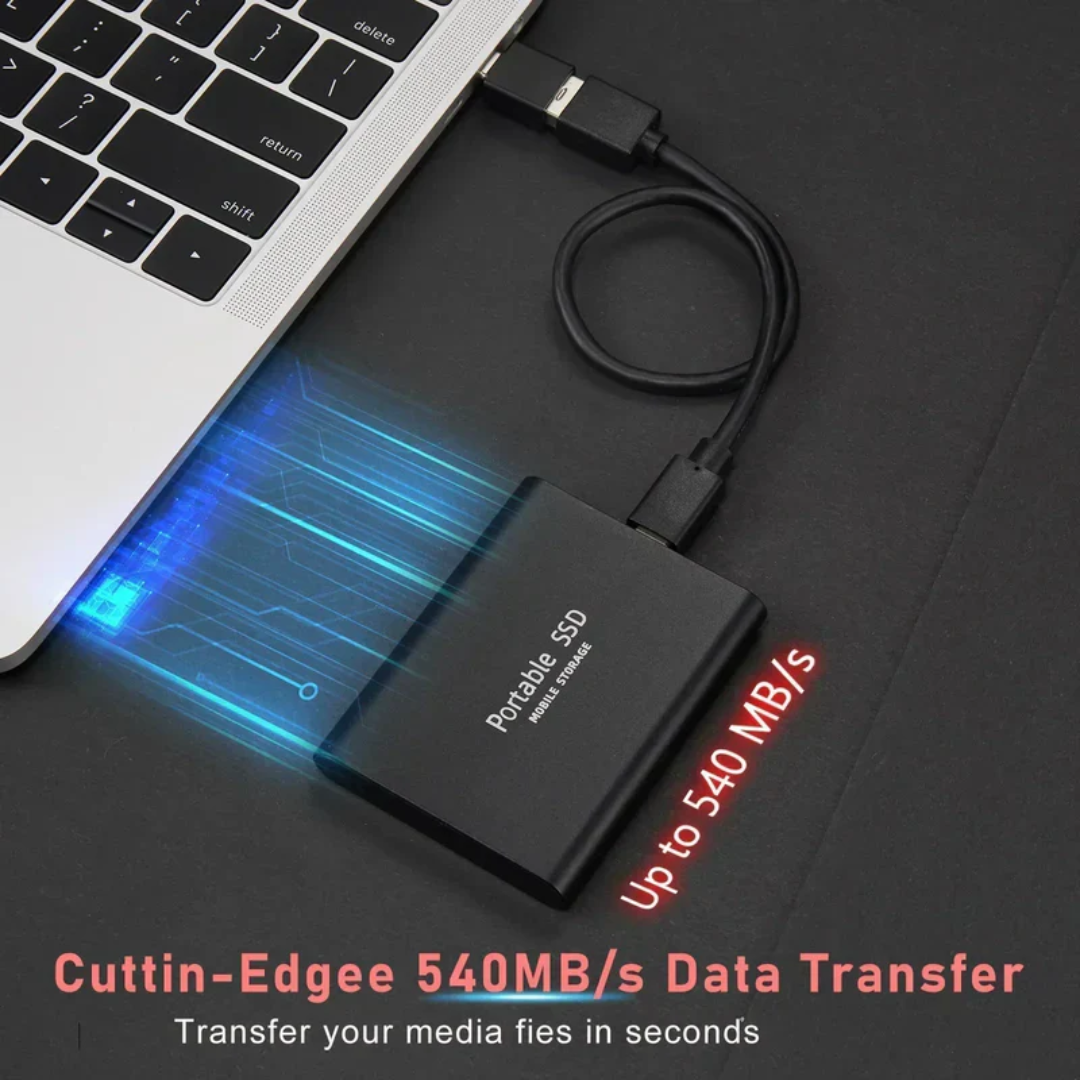 "Compact black portable SSD for fast data transfer, 1-4 TB, USB-C connectivity, sleek design, durable for on-the-go use."