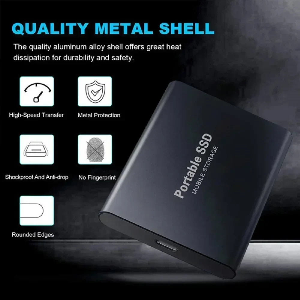 "Compact black portable SSD for fast data transfer, 1-4 TB, USB-C connectivity, sleek design, durable for on-the-go use."
