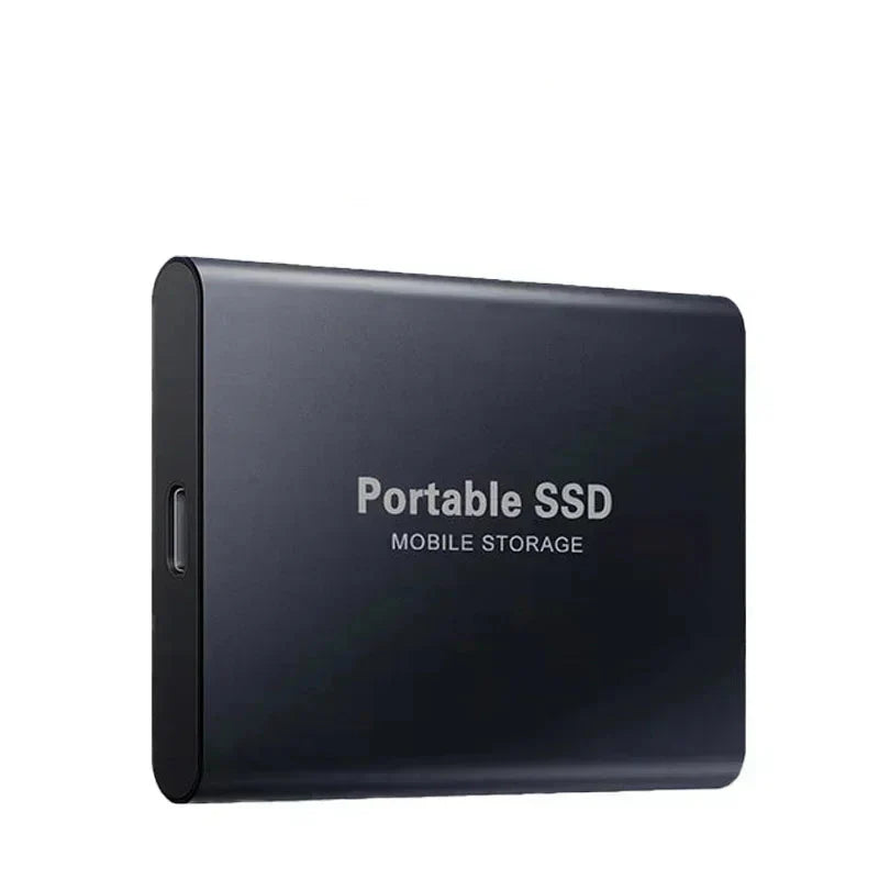 "Compact black portable SSD for fast data transfer, 1-4 TB, USB-C connectivity, sleek design, durable for on-the-go use."