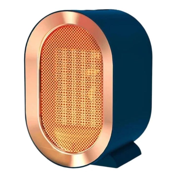 Compact electric heater with sleek design, available in blue, green, and white, perfect for desk or office use.