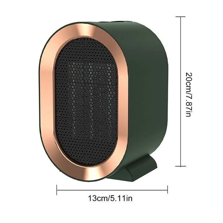 Compact electric heater with sleek design, available in blue, green, and white, perfect for desk or office use.