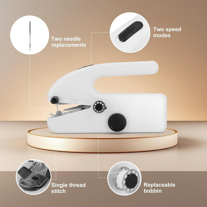 "Compact handheld sewing machine for quick repairs, portable stitching on all fabrics, includes complete sewing kit."