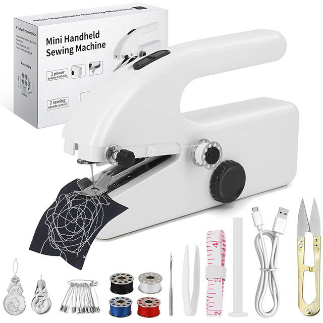 "Compact handheld sewing machine for quick repairs, portable stitching on all fabrics, includes complete sewing kit."