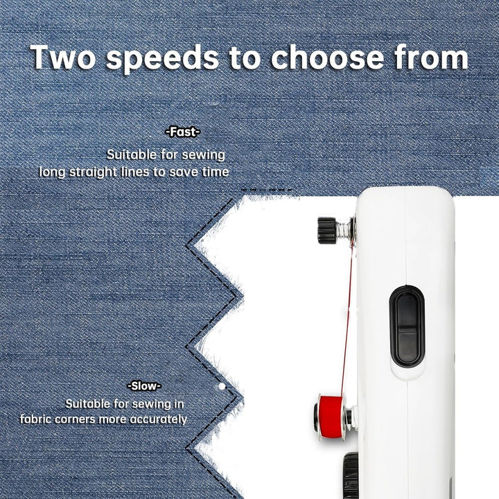 "Compact handheld sewing machine for quick repairs, portable stitching on all fabrics, includes complete sewing kit."