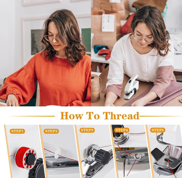 "Compact handheld sewing machine for quick repairs, portable stitching on all fabrics, includes complete sewing kit."