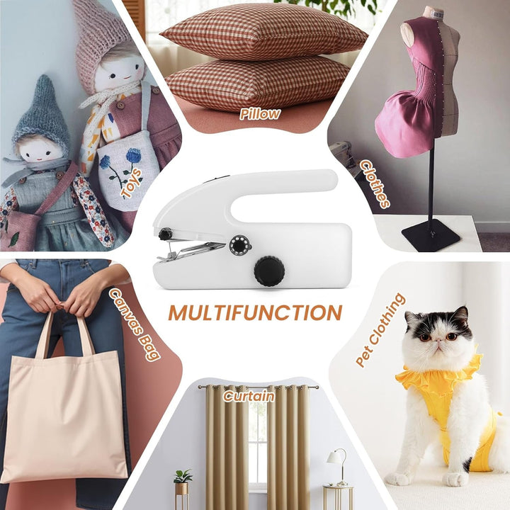 "Compact handheld sewing machine for quick repairs, portable stitching on all fabrics, includes complete sewing kit."