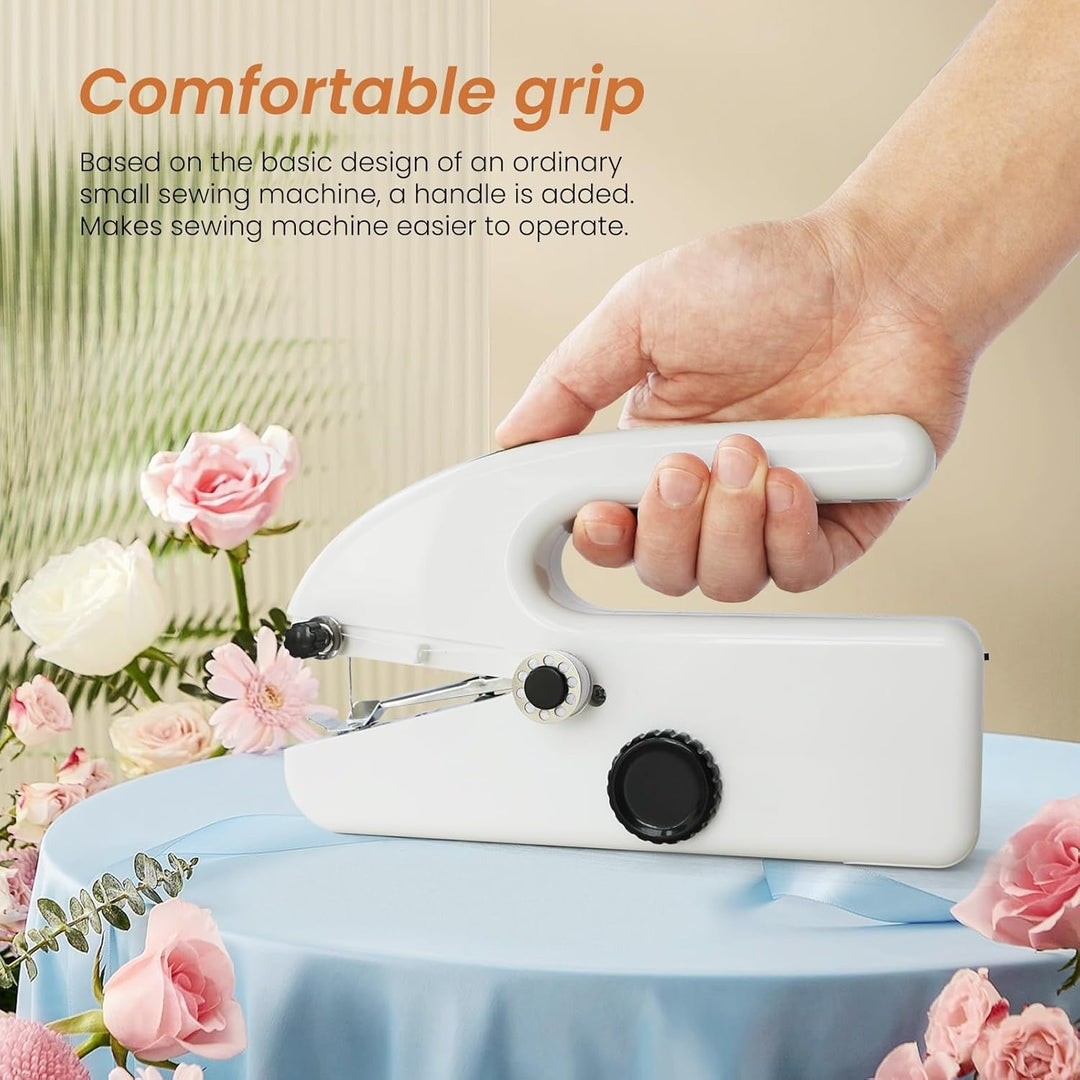 "Compact handheld sewing machine for quick repairs, portable stitching on all fabrics, includes complete sewing kit."