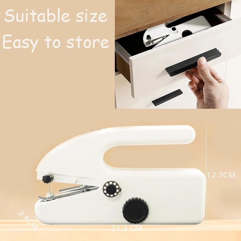 "Compact handheld sewing machine for quick repairs, portable stitching on all fabrics, includes complete sewing kit."