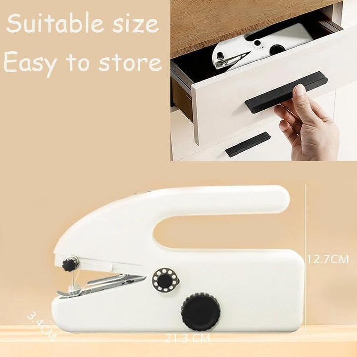 "Compact handheld sewing machine for quick repairs, portable stitching on all fabrics, includes complete sewing kit."
