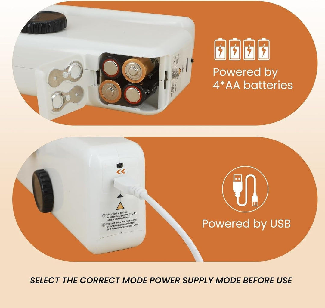 "Compact handheld sewing machine for quick repairs, portable stitching on all fabrics, includes complete sewing kit."