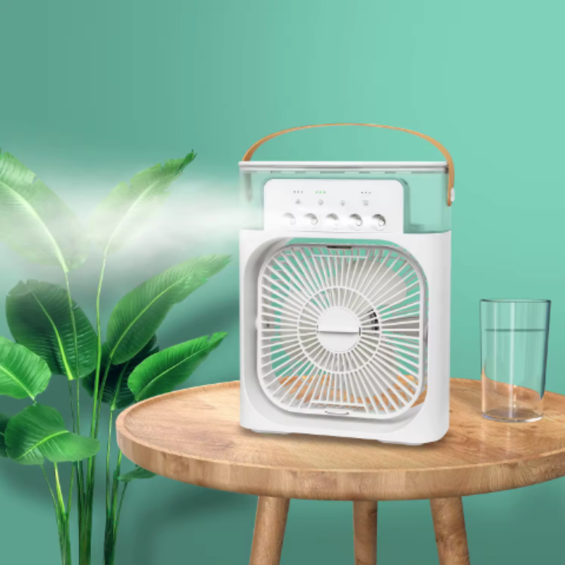 "Compact portable air cooler and humidifier in white or black, USB-C powered, space-saving design for all-around comfort."