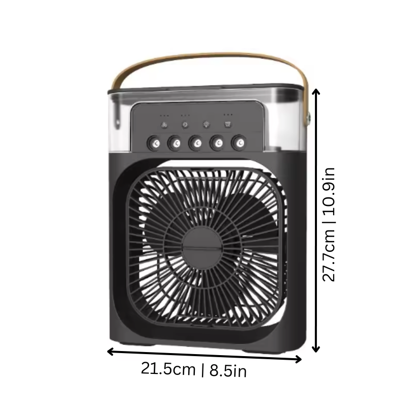 "Compact portable air cooler and humidifier in white or black, USB-C powered, space-saving design for all-around comfort."