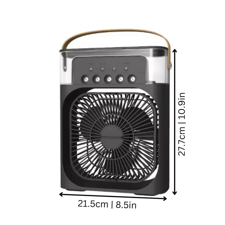 "Compact portable air cooler and humidifier in white or black, USB-C powered, space-saving design for all-around comfort."