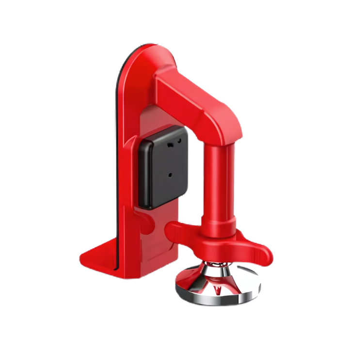 "Compact portable door lock with built-in 80dB alarm, zinc alloy, fits door gaps 0.6-5.1cm for home security and travel."