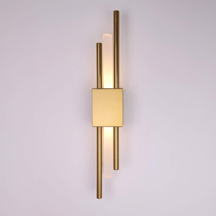 "Contemporary frosted glass wall lamp with dual lights, gold finish, featuring Italian-inspired design and soft illumination.