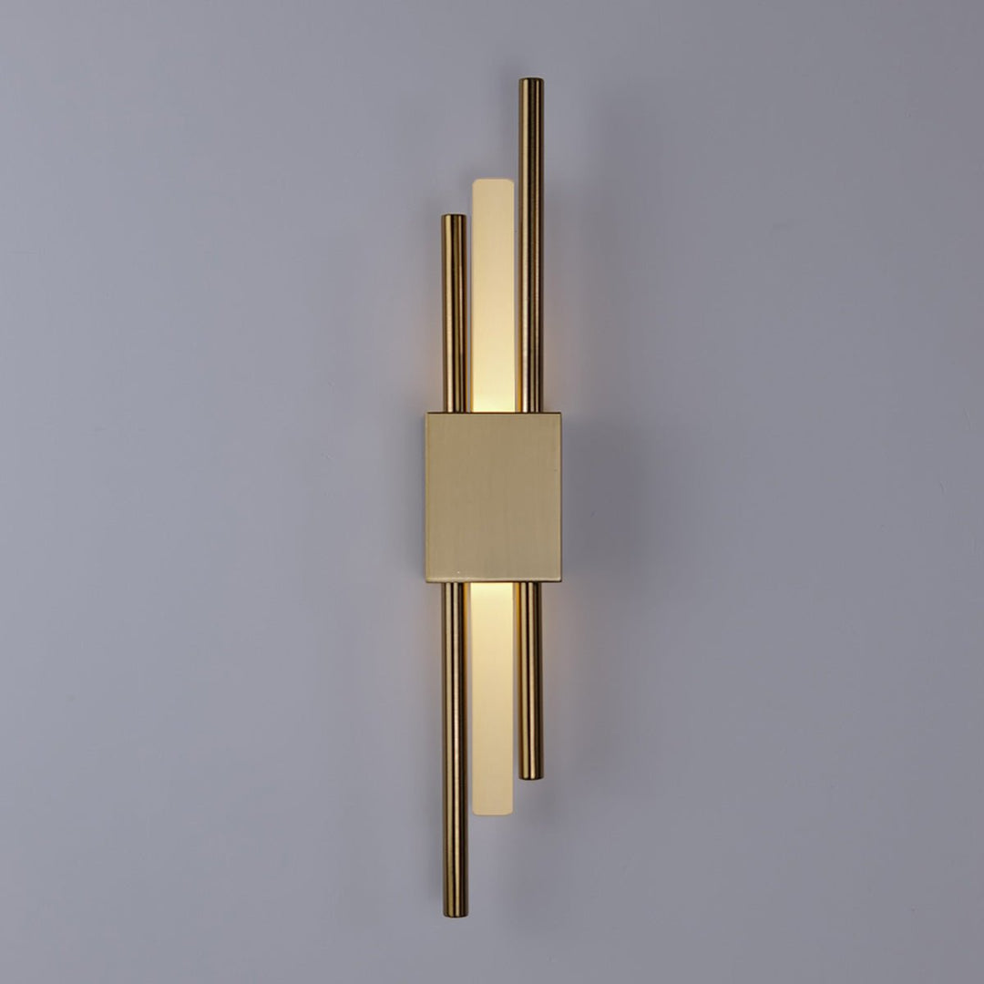"Contemporary frosted glass wall lamp with dual lights, gold finish, featuring Italian-inspired design and soft illumination.
