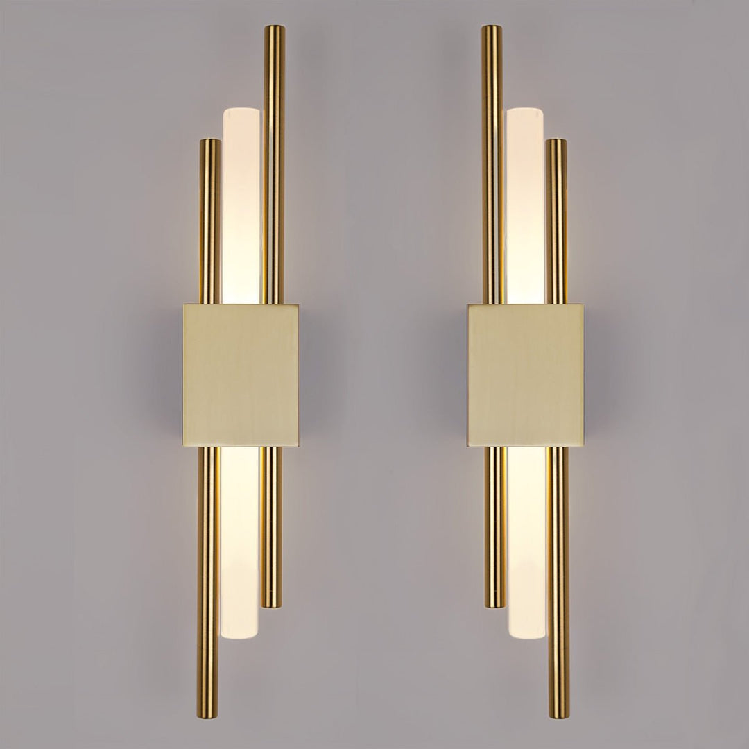 "Contemporary frosted glass wall lamp with dual lights, gold finish, featuring Italian-inspired design and soft illumination.