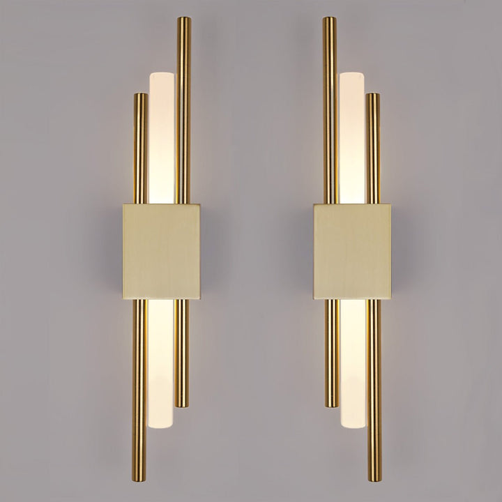 "Contemporary frosted glass wall lamp with dual lights, gold finish, featuring Italian-inspired design and soft illumination.