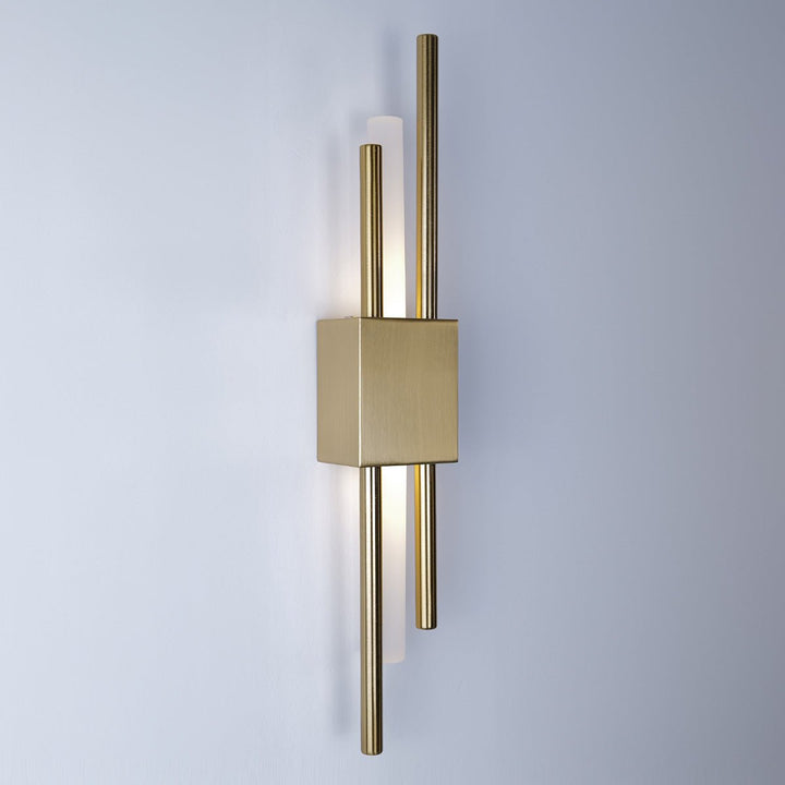 "Contemporary frosted glass wall lamp with dual lights, gold finish, featuring Italian-inspired design and soft illumination.