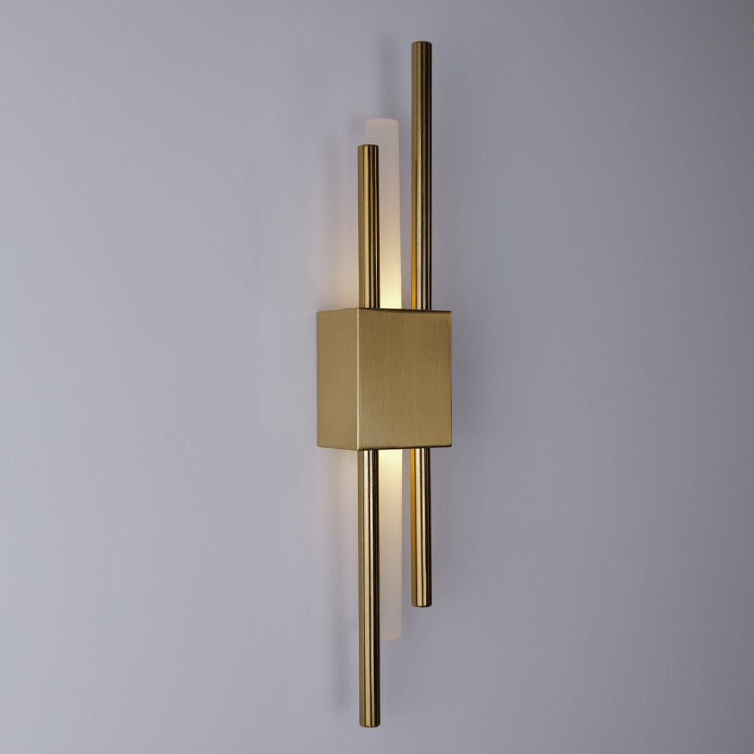 "Contemporary frosted glass wall lamp with dual lights, gold finish, featuring Italian-inspired design and soft illumination.