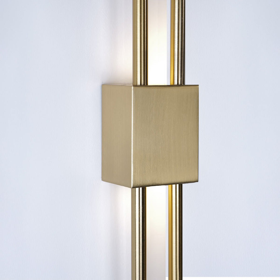 "Contemporary frosted glass wall lamp with dual lights, gold finish, featuring Italian-inspired design and soft illumination.
